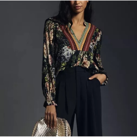 Bl^nk London x Anthropologie STEPHANIE XS Blue Green Floral V-Neck Long Sleeve - Picture 2 of 6